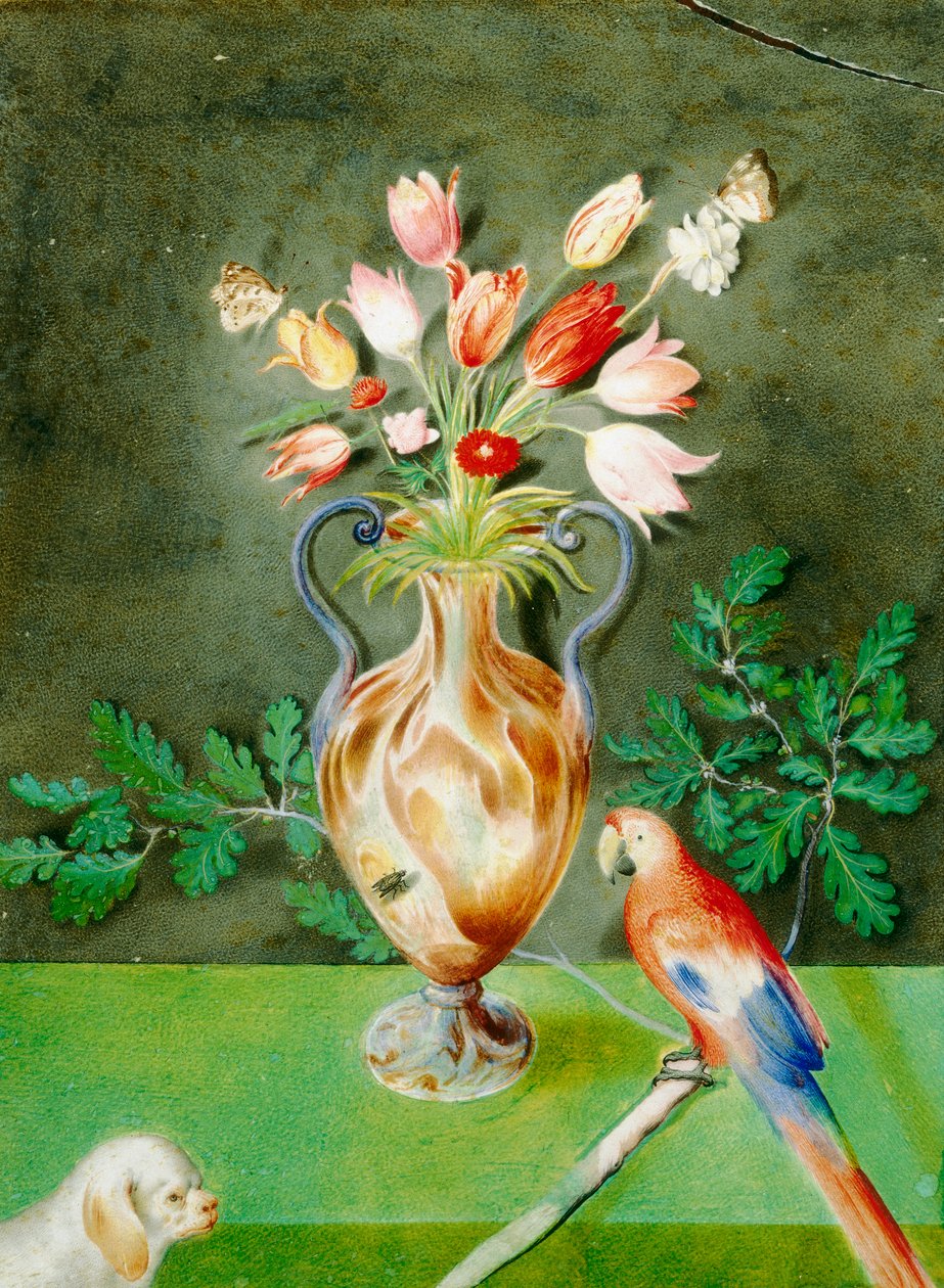 Vase of Flowers, Parrot, and Lapdog by Unknown