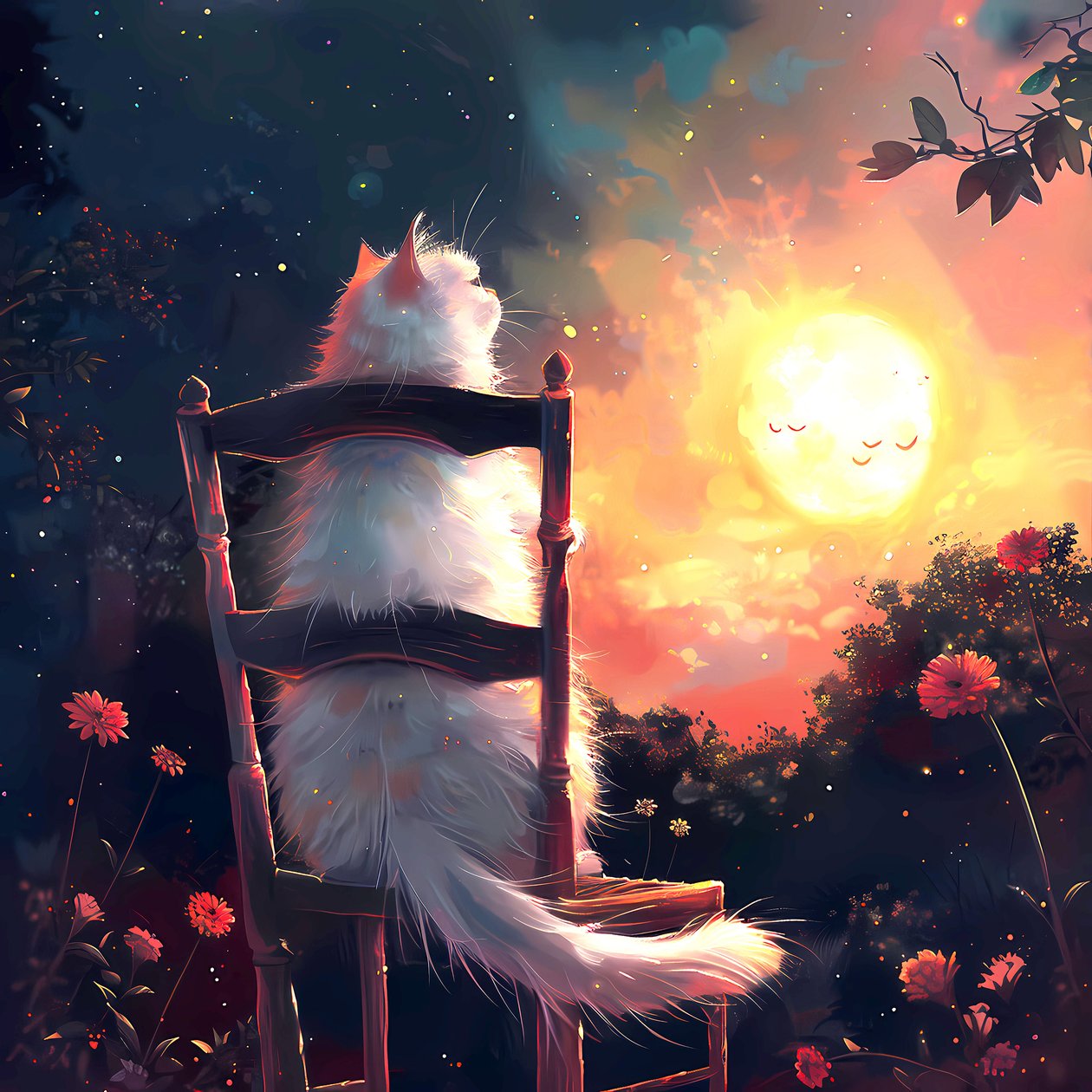 A white cat sits on an old wooden chair and looks at the moon by F. Abderrahim