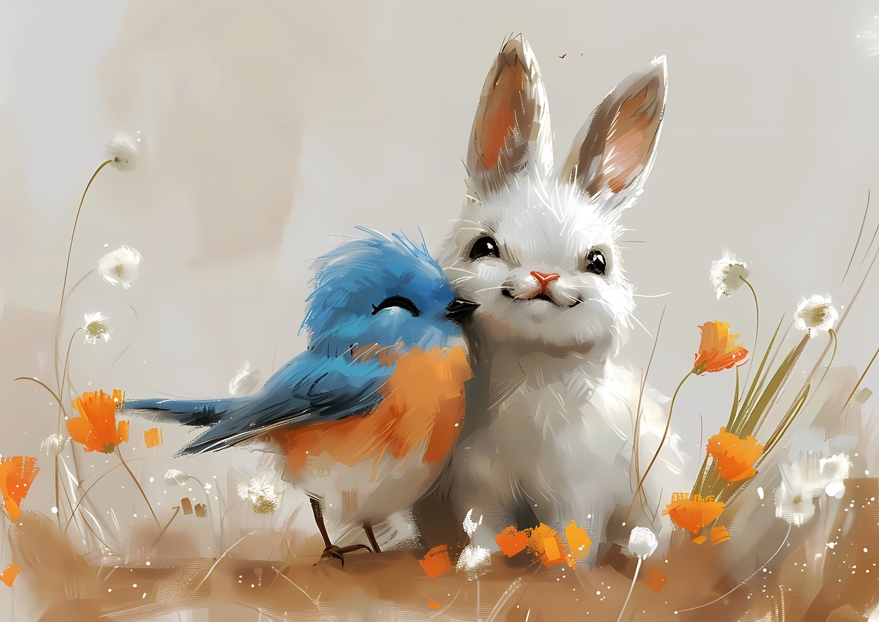 Cute bird and rabbit manga drawing by F. Abderrahim