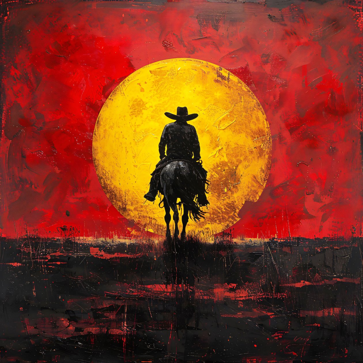 Vintage Western Cowboy and Sunset Cartoon Poster by F. Abderrahim
