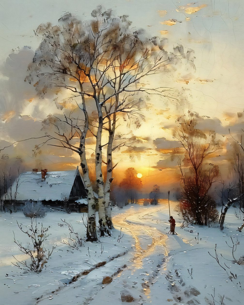 A house in the countryside at sunset in winter amidst the snow by F. Abderrahim