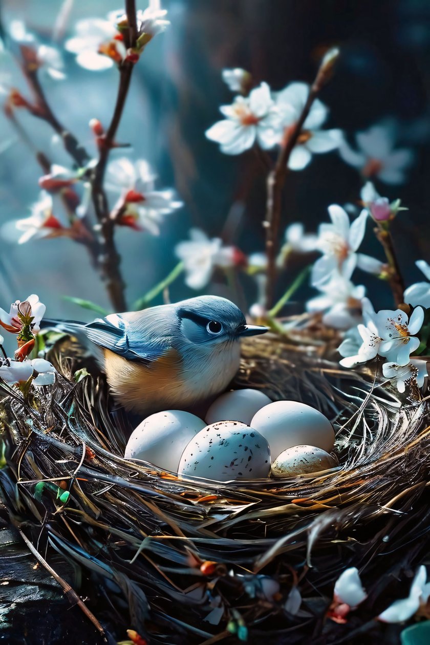 Bird incubating eggs surrounded by white flowers by F. Abderrahim