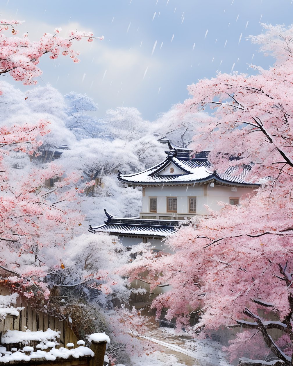 Chinese Village in Snowy Landscape by F. Abderrahim