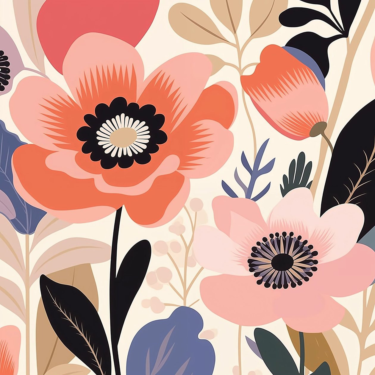 Botanical Illustration Pastel Bold Flowers Matisse Style by F. Abderrahim