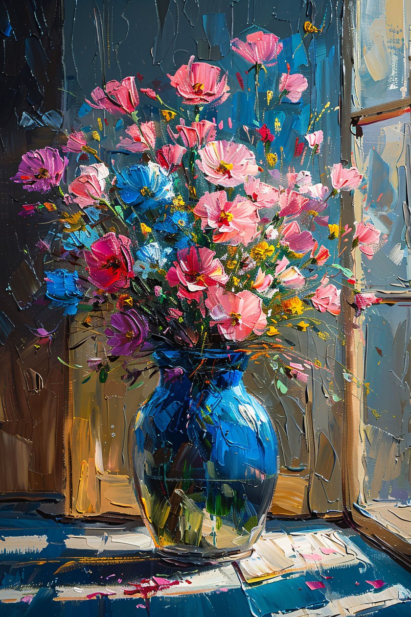 Oil Painting of Messy Pink & Blue Flowers by F. Abderrahim