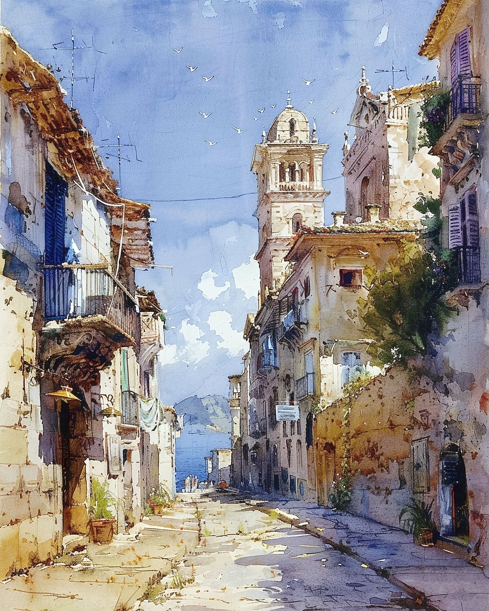 Watercolor White Houses Overlooking the Mediterranean Sea by F. Abderrahim