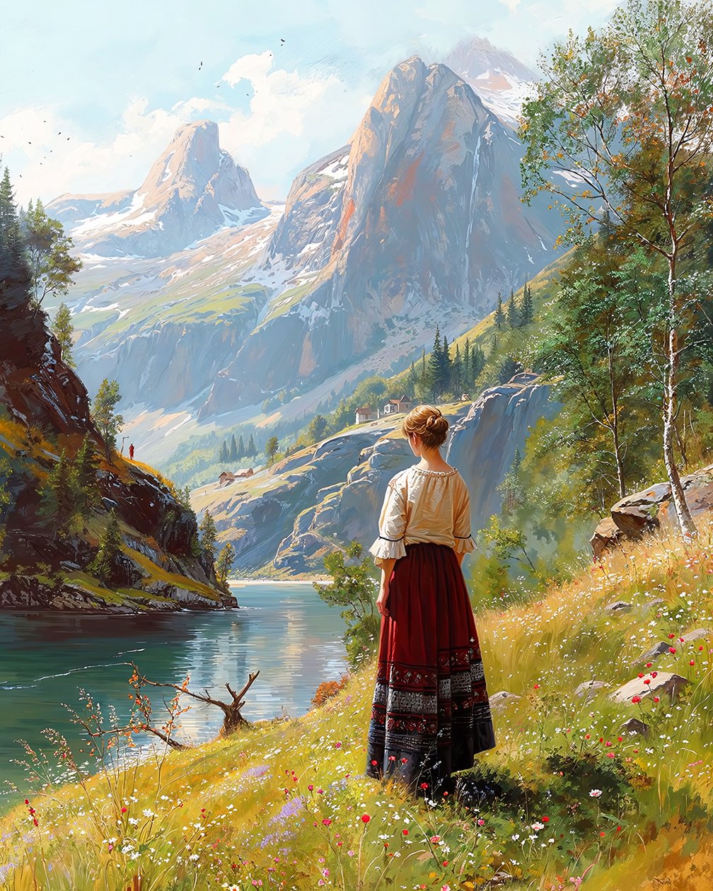The Lady of the 19th Century Stands in a Green Valley among the Mountains by F. Abderrahim