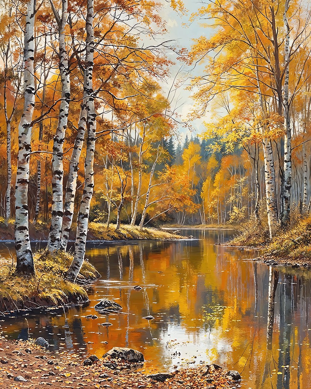 Landscape and Birch Trees with Crystal Clear Waters by F. Abderrahim