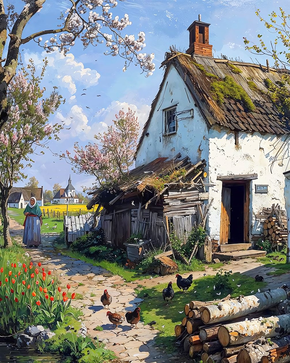 Poultry Birds in Front of a Traditional Cabin in the Countryside by F. Abderrahim