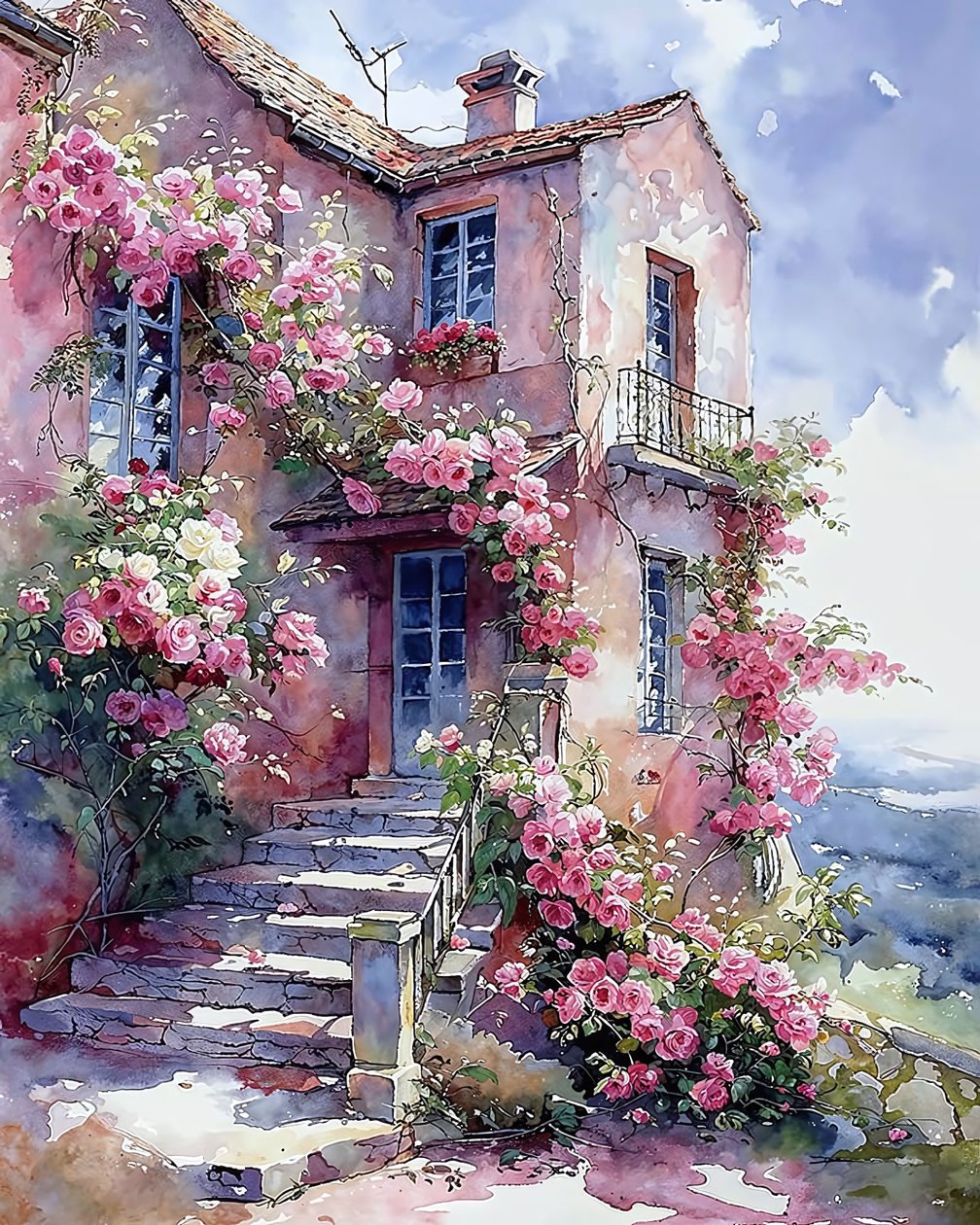House surrounded by climbing plants with red and pink flowers by F. Abderrahim