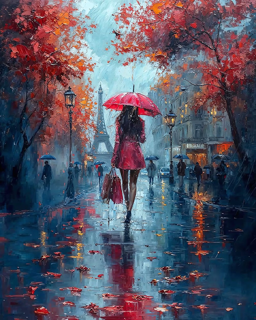 Elegant Lady with Umbrella Walking Down a Paris Street by F. Abderrahim