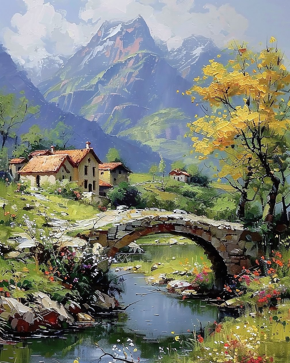A village at the foot of the mountain; And a cubic arch with a stream below by F. Abderrahim