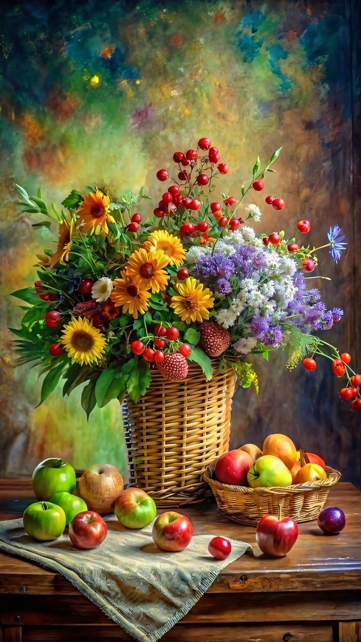 A Basket of Fruits & Vegetables with a Bouquet & Roses by F. Abderrahim