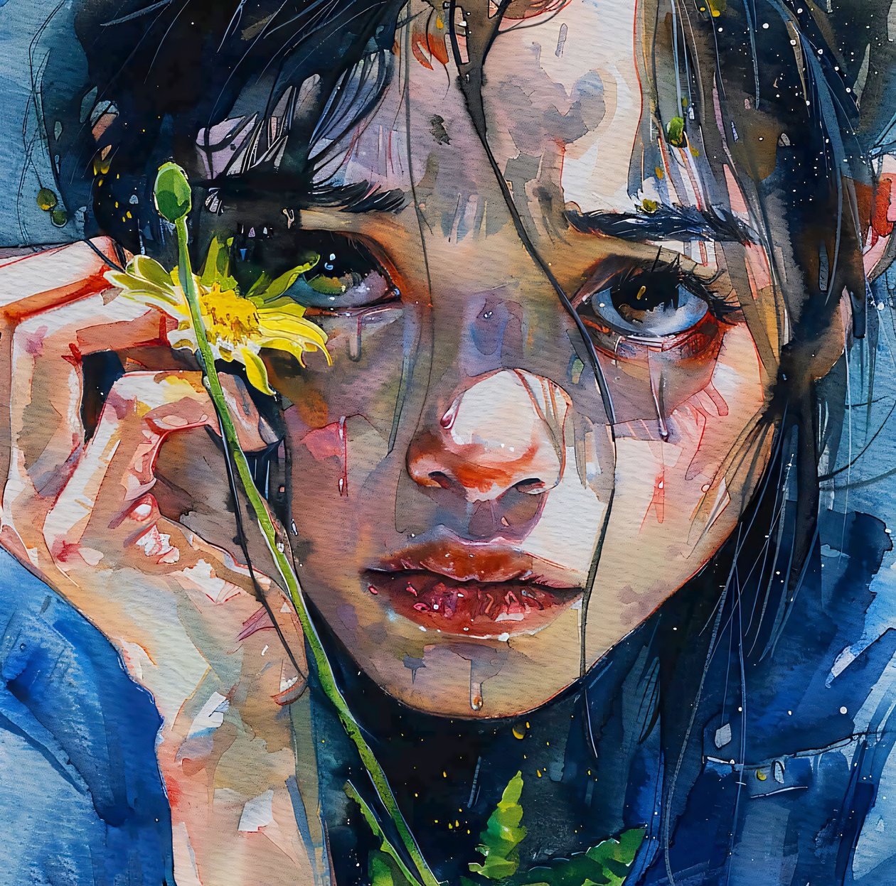 A Girl Caresses a Yellow Flower by F. Abderrahim