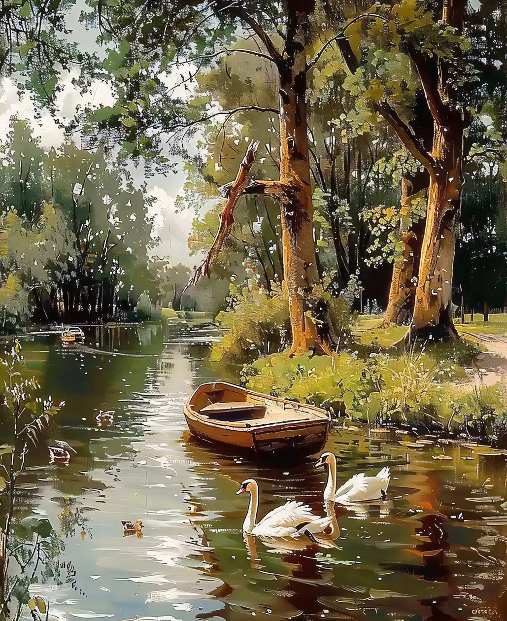 Geese swim in a stream of water between trees by F. Abderrahim