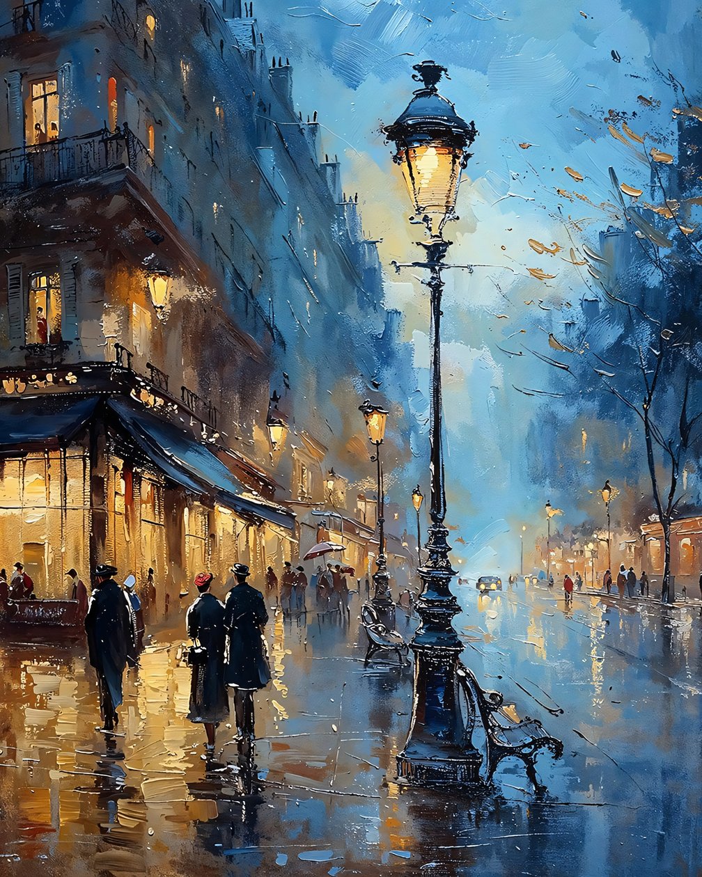 Night after the rain, Paris street in the impressionist style by F. Abderrahim