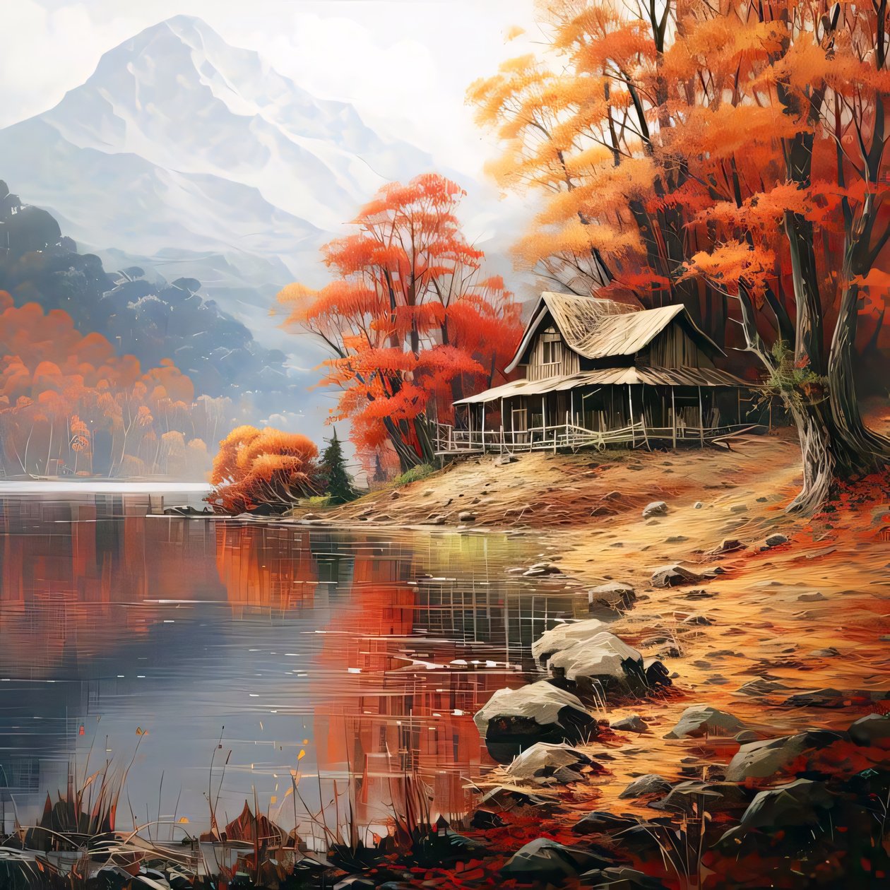 Cabin in the woods next to a river by F. Abderrahim