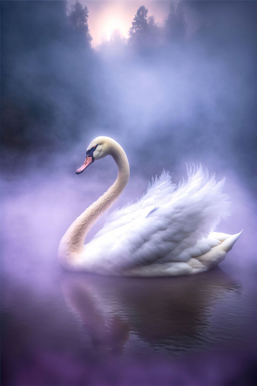 White Swan With Wings Spread Out On A Calm Water Surface by F. Abderrahim