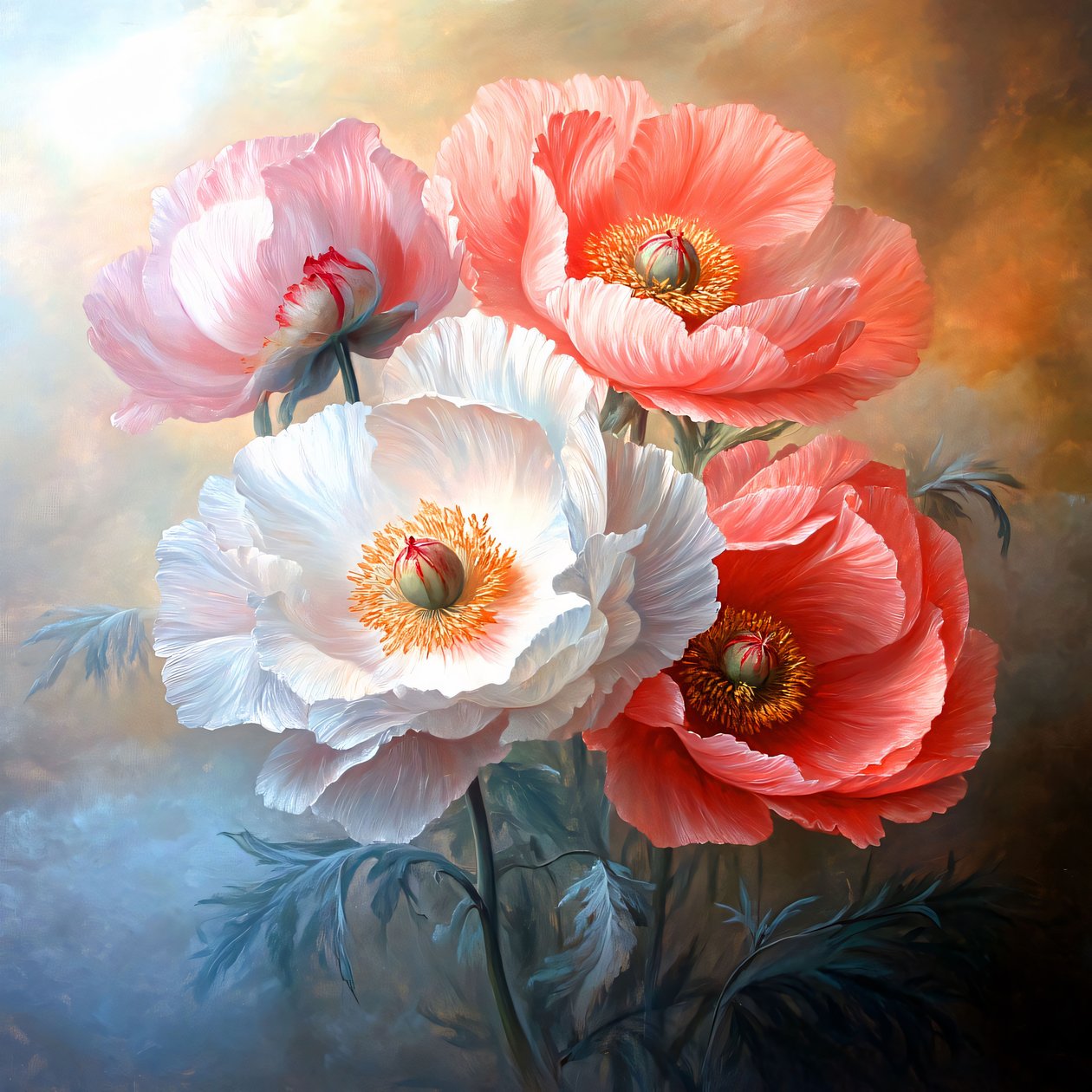 Oil Painting of Large Delicate Peonies & Poppies by F. Abderrahim