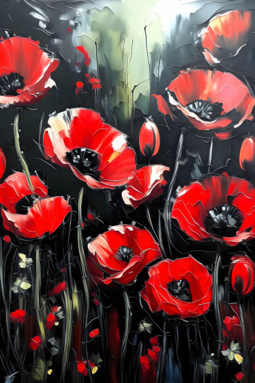 Knife Painting Vivid Red Poppies by F. Abderrahim