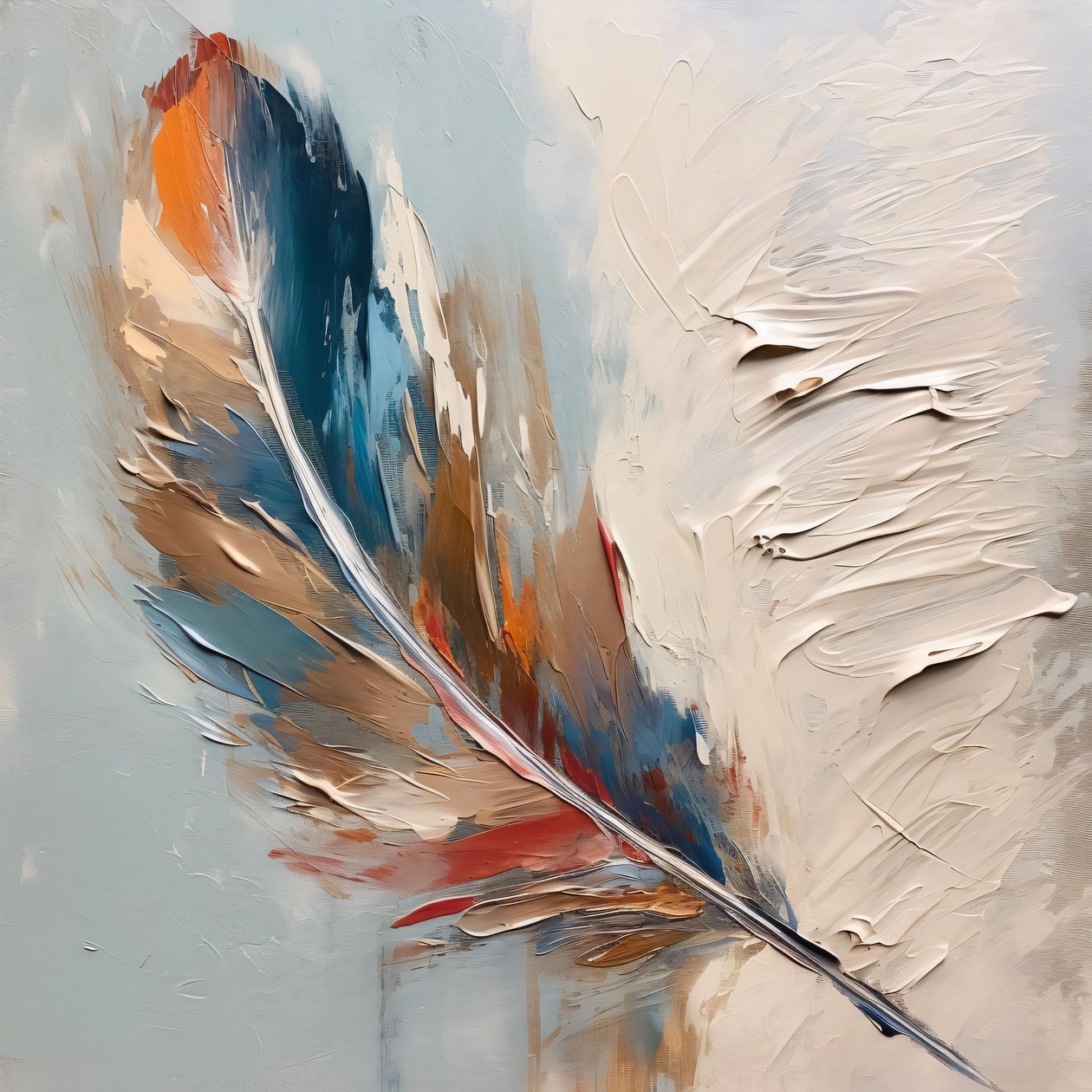 Red Blue Feather Textured Partial Oil Painting by F. Abderrahim