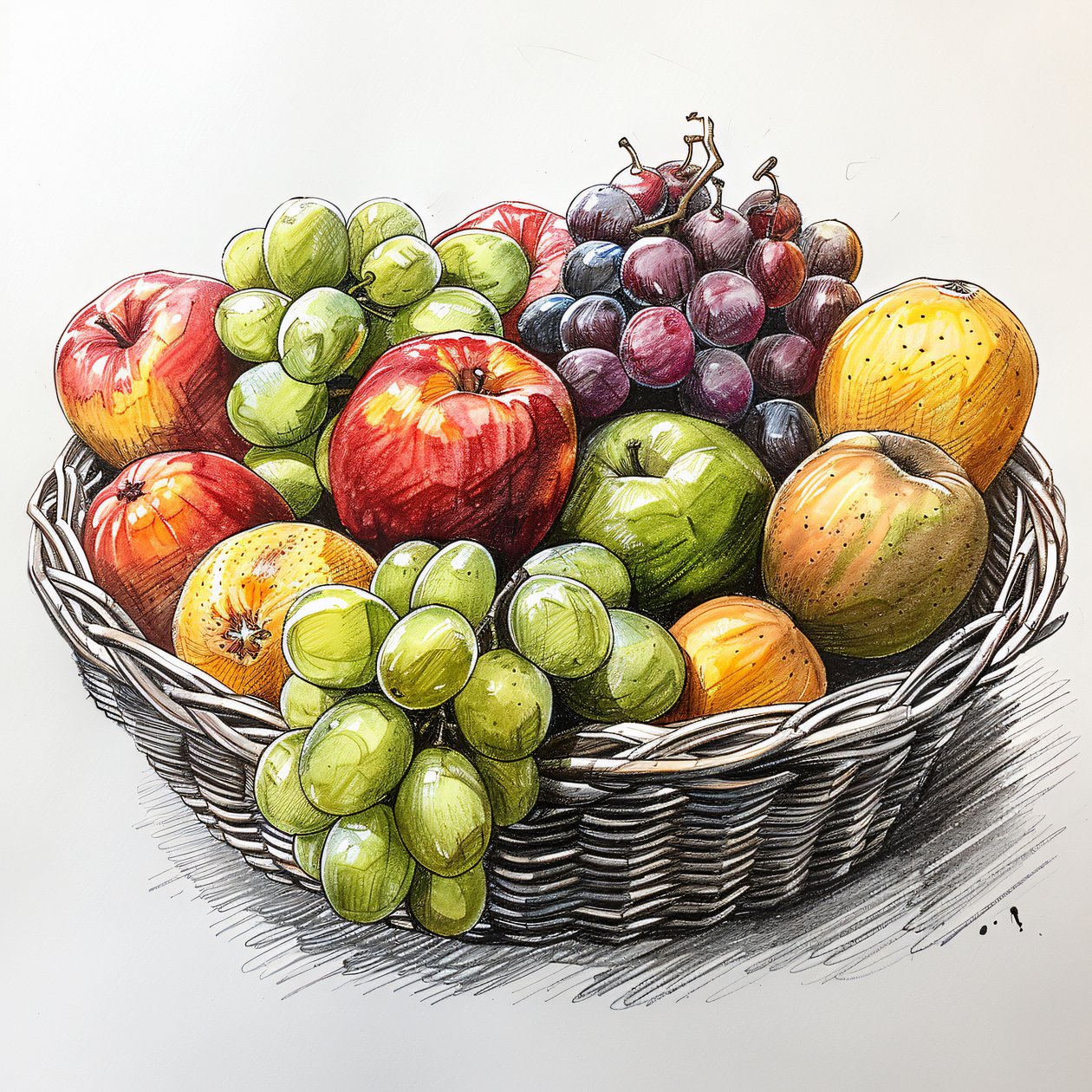 A basket of fruit, simple still life drawing by F. Abderrahim