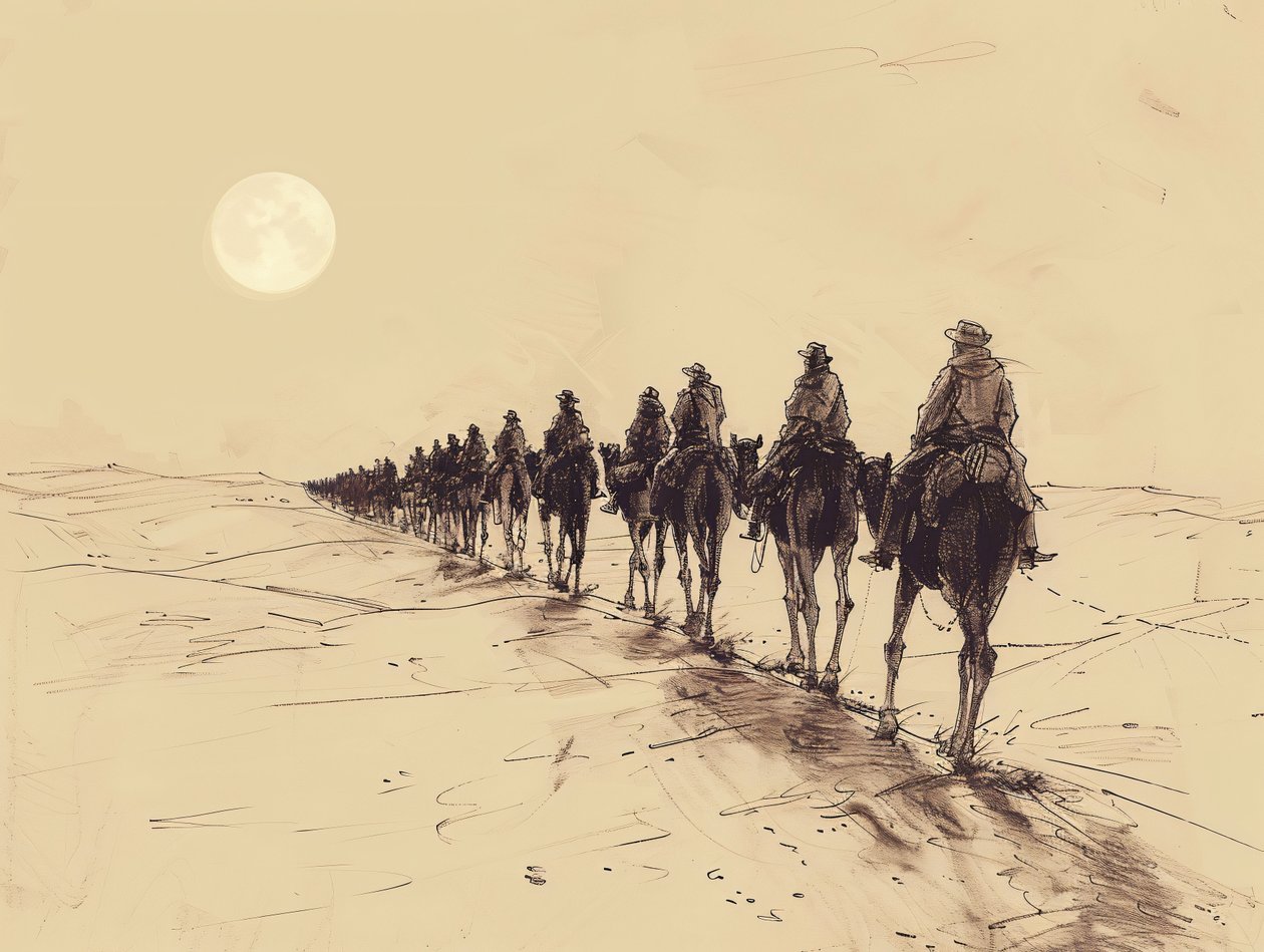 Desert Sun Procession Minimalist Single-Line Sketch by F. Abderrahim