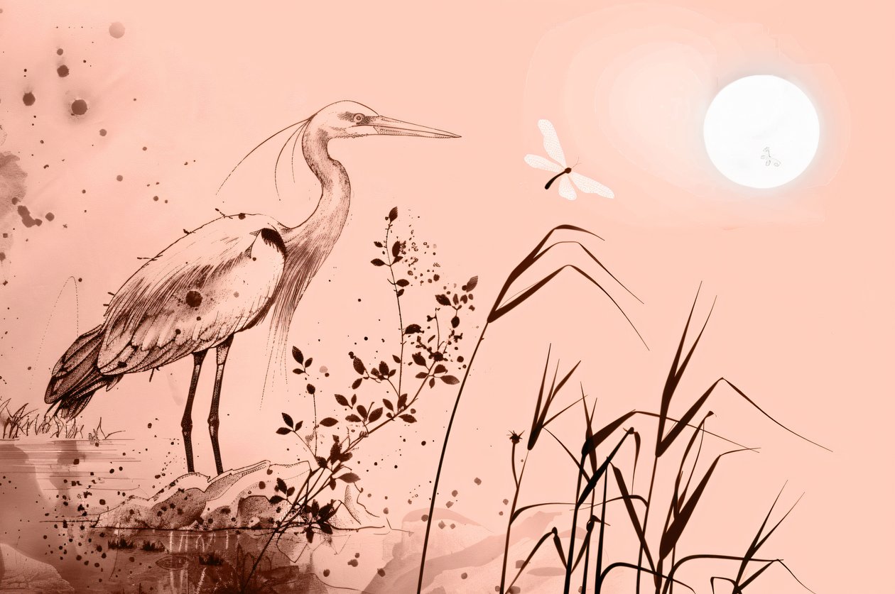 Ink Drawing of a Heron Standing on Rocks Near the Water by F. Abderrahim
