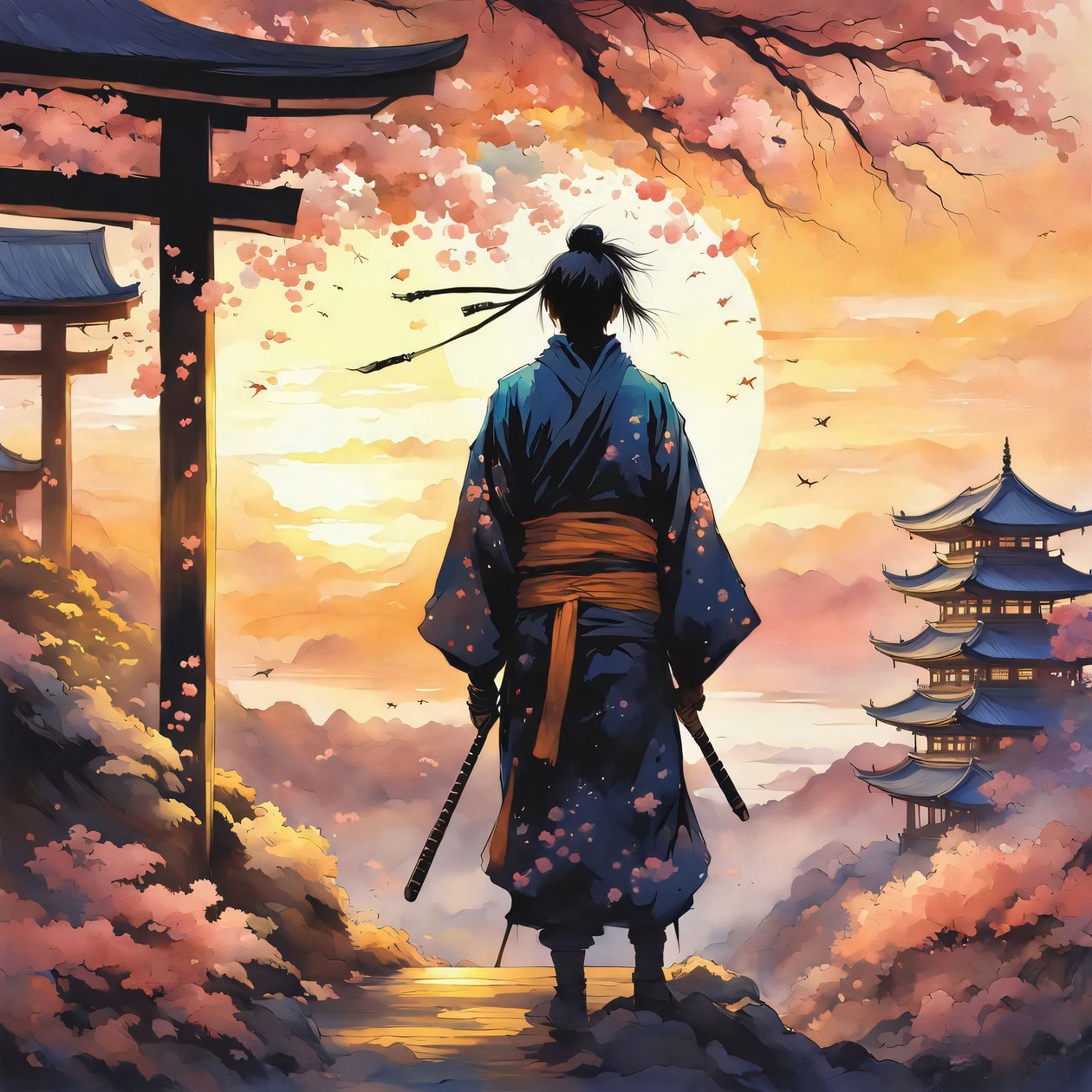 Japanese Samurai in a Temple on a Mountain, Pink Colors by F. Abderrahim