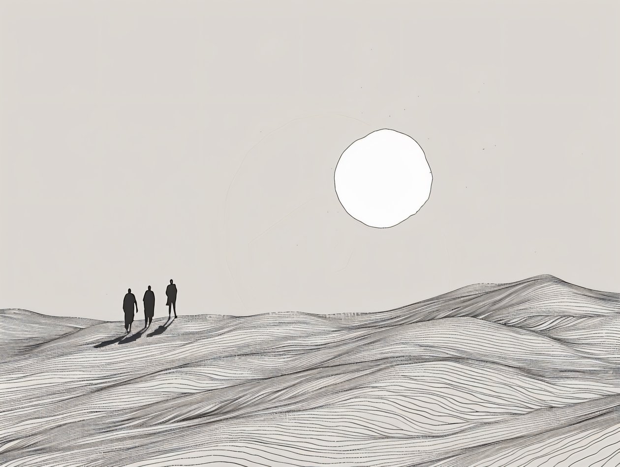 Minimalist Sketch, Men Walking in a Desert Sun Procession by F. Abderrahim