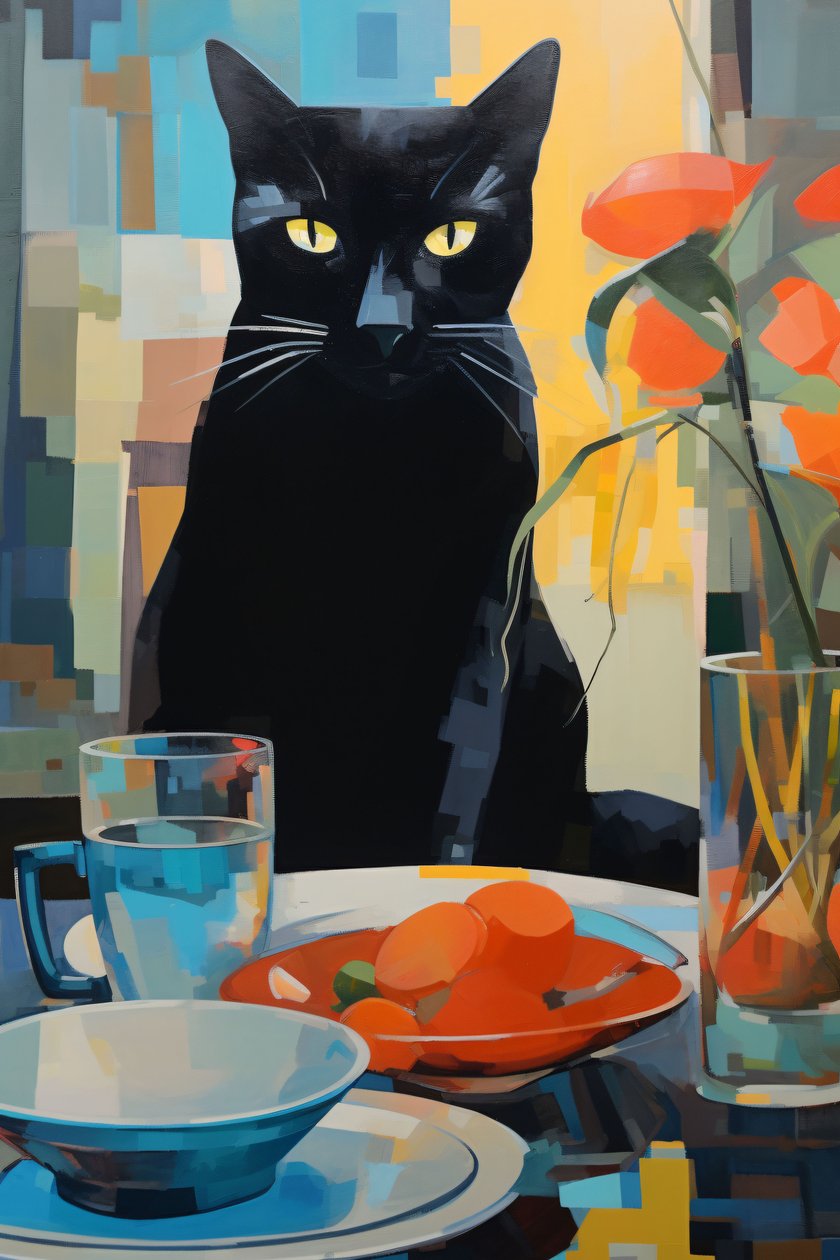 Black Cat Dining on a Plate of Flowers by F. Abderrahim