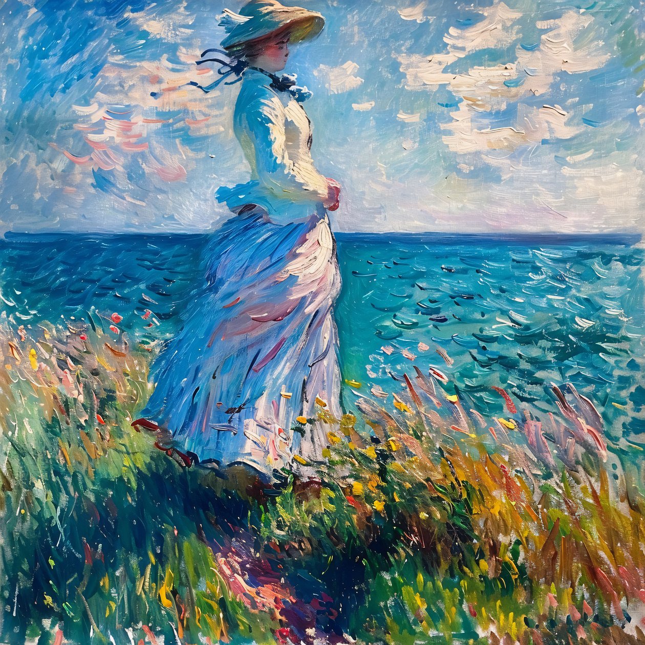 Young Woman in Dress in Nature, Standing on the Beach, Monet Style by F. Abderrahim