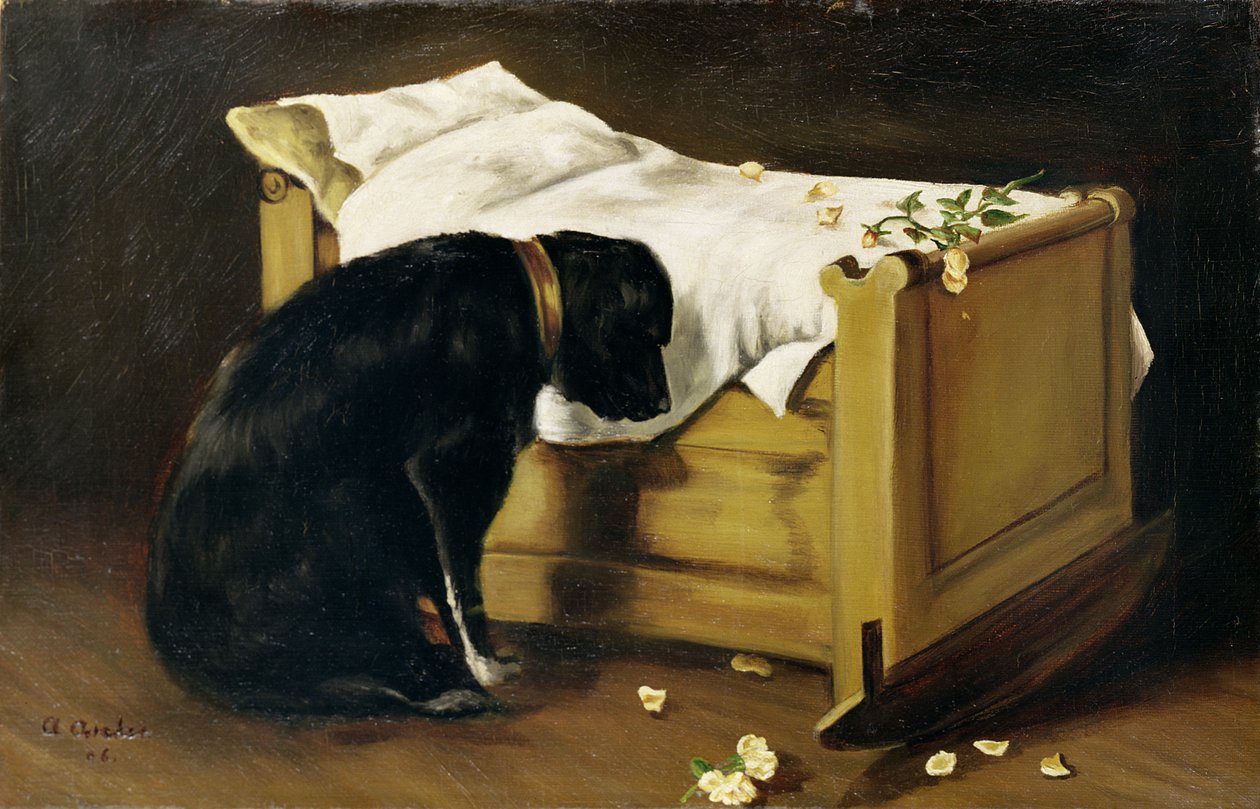 Dog Mourning Its Little Master, 1866 by A. Archer