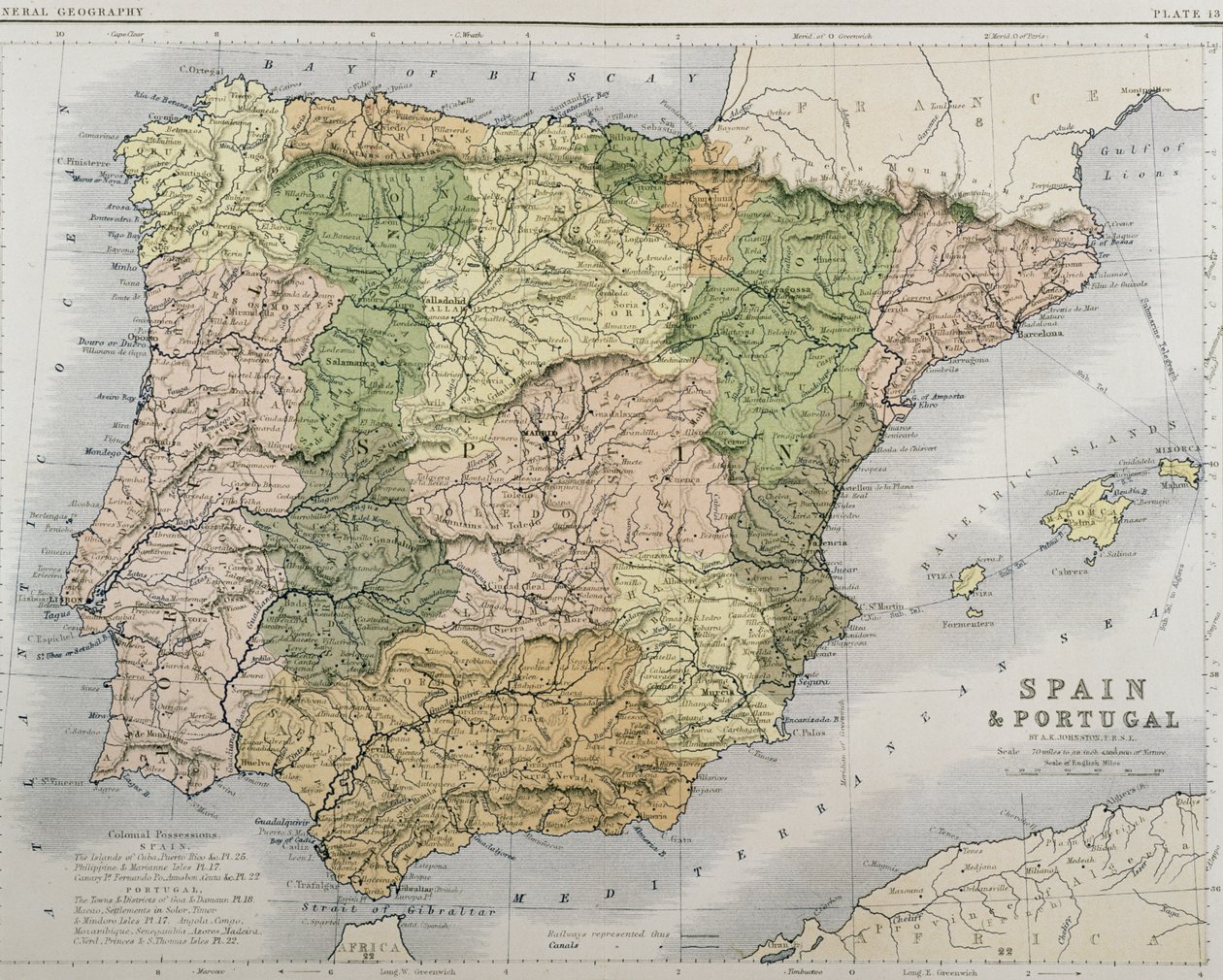 A map of Spain and Portugal, c.1869 by Alexander Keith Johnston