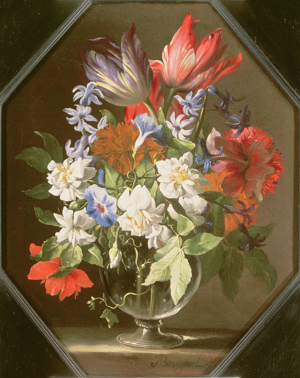 A Vase of Flowers on a Stone Ledge Containing Tulips, Chrysanthemums, Dahlias and Narcissi by Abraham Brueghel