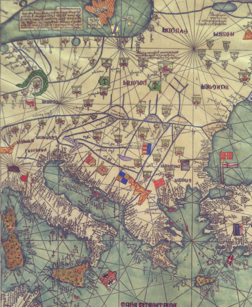 Map of Eastern Europe, View from the South. Catalan Atlas by Abraham Cresques