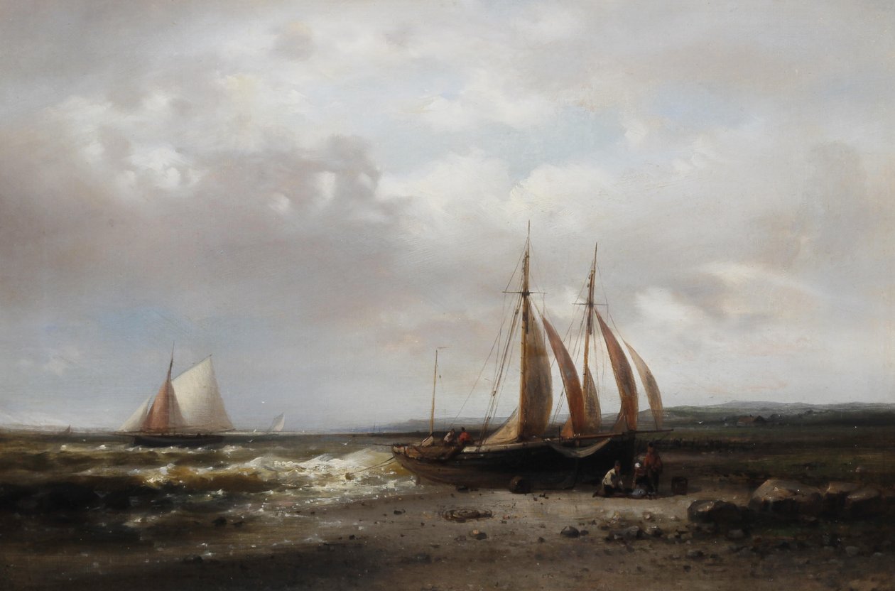 Coastal Scene with Fisherfolk Tending Their Boat on the Shore by Abraham Hulk