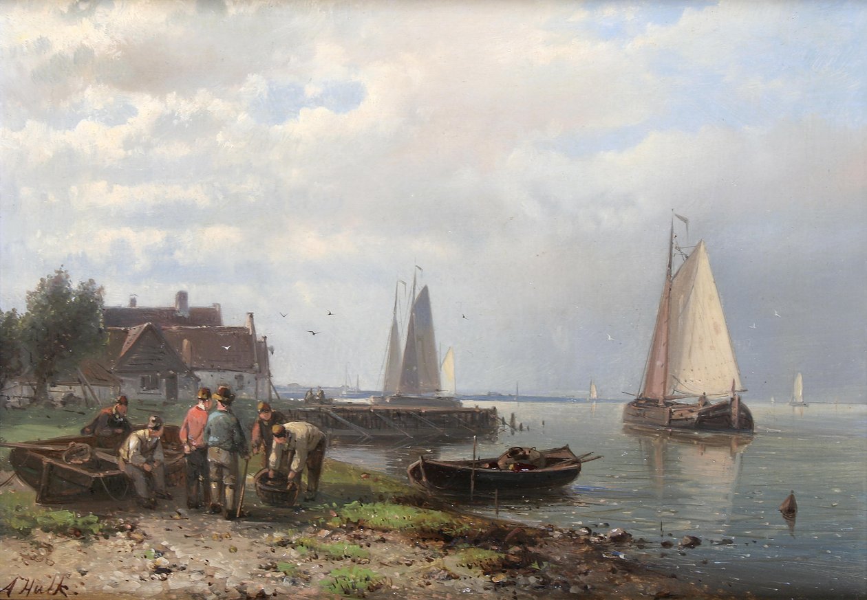 Coastal Scene with Fishing Boats and Fishermen on the Shore by Abraham Hulk