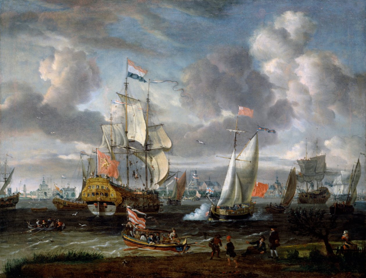 An English Yacht Saluting a Dutch Man-of-War in the Port of Rotterdam by Abraham Storck