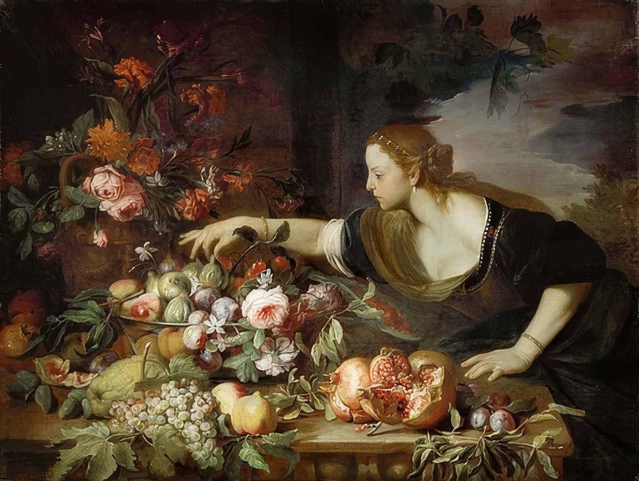 Woman with Flowers and Fruits by Abraham Brueghel