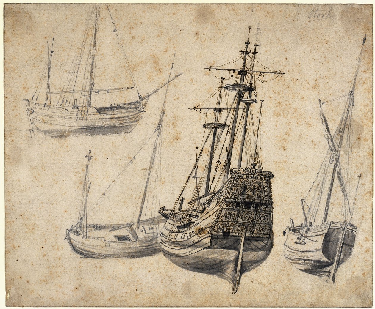 Study Sheet with a Three-Master and Boats by Abraham Casembroot