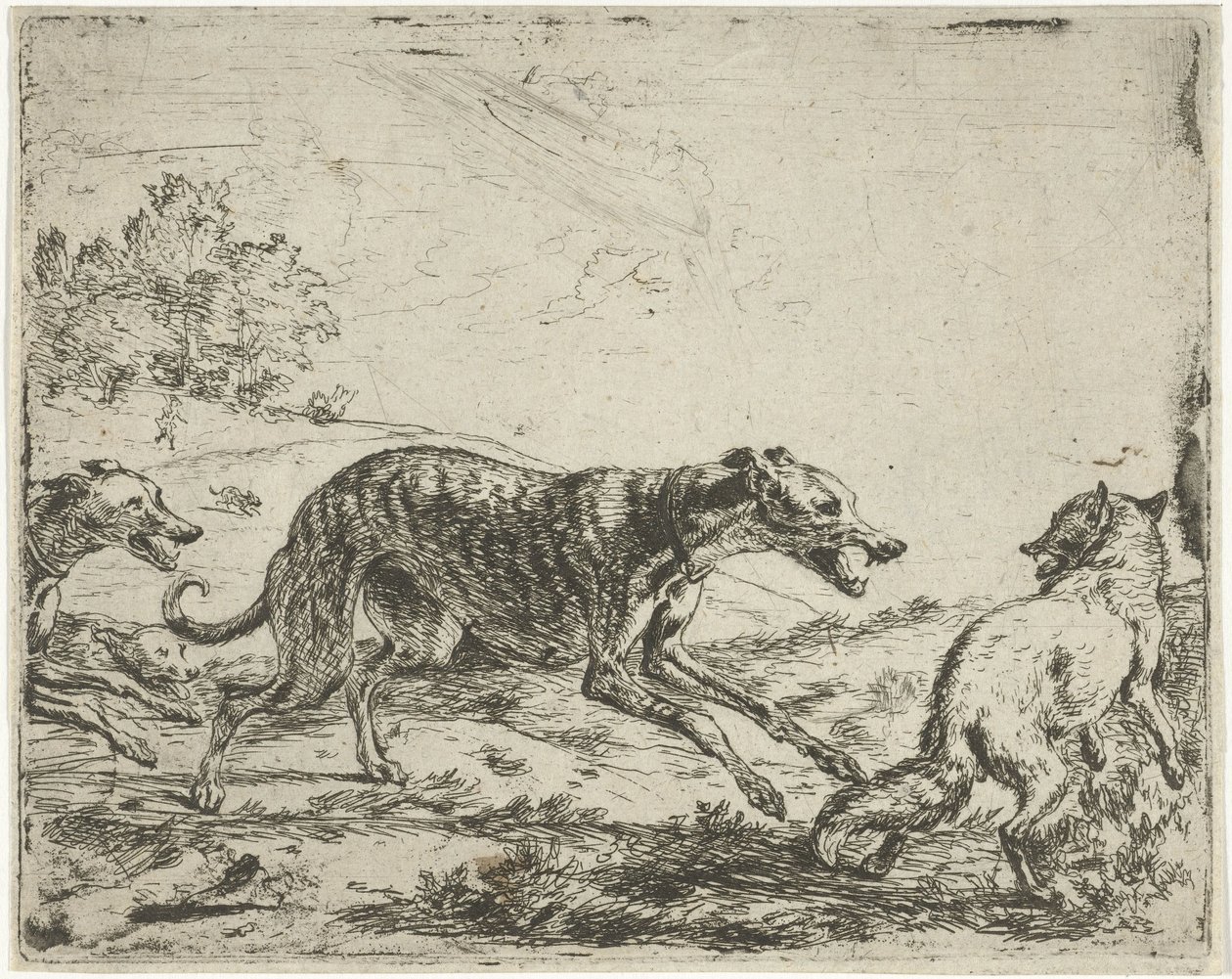 Fox and the Three Dogs by Abraham Danielsz. Hondius