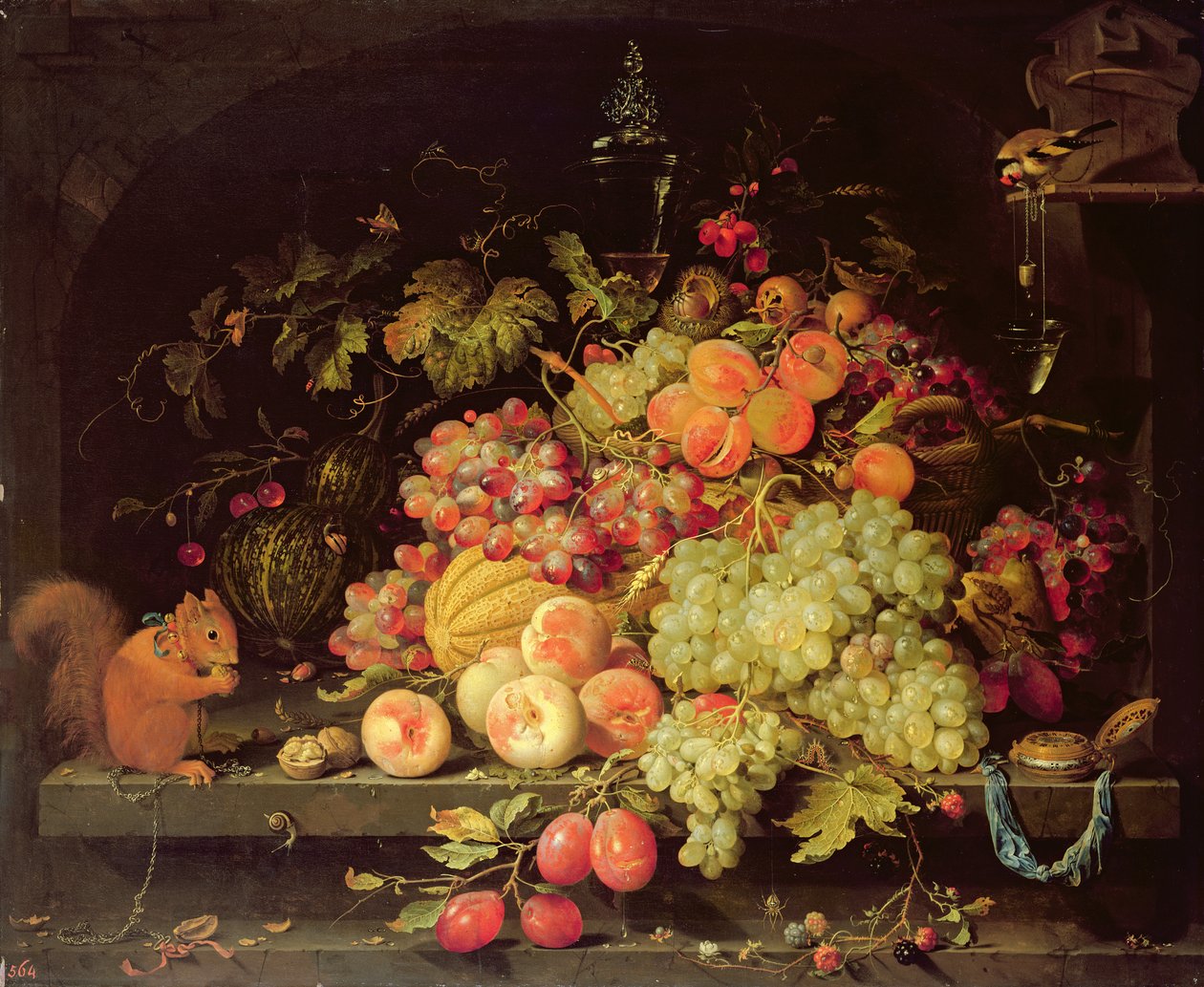 Still Life with Fruit, Squirrel and Goldfinch by Abraham Mignon