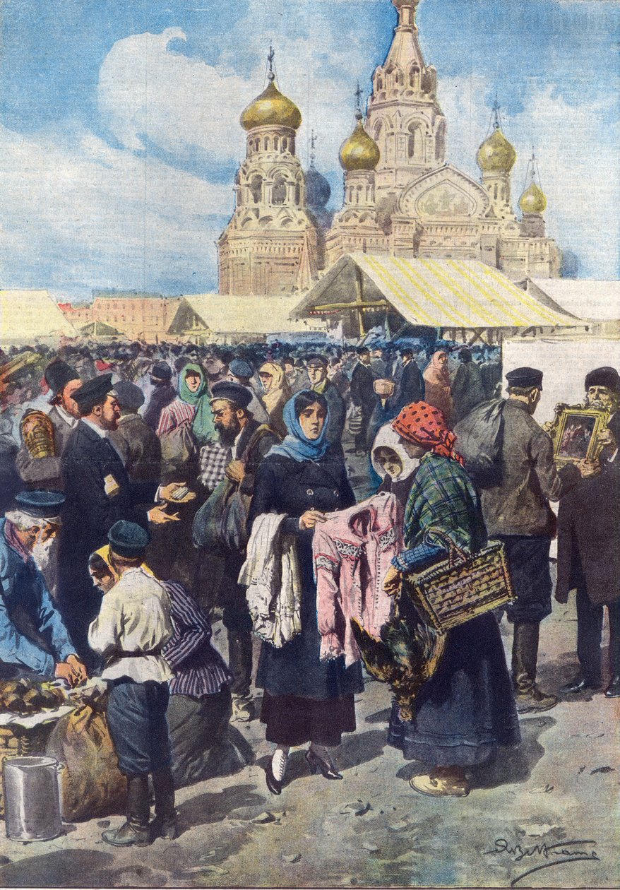 Bartering in Russia after the collapse of the currency following the Russian Revolution, illustration from 