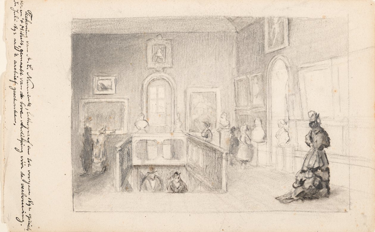 Visitors in the Staircase Hall in the Mauritshuis by Adolf Carel Nunnink