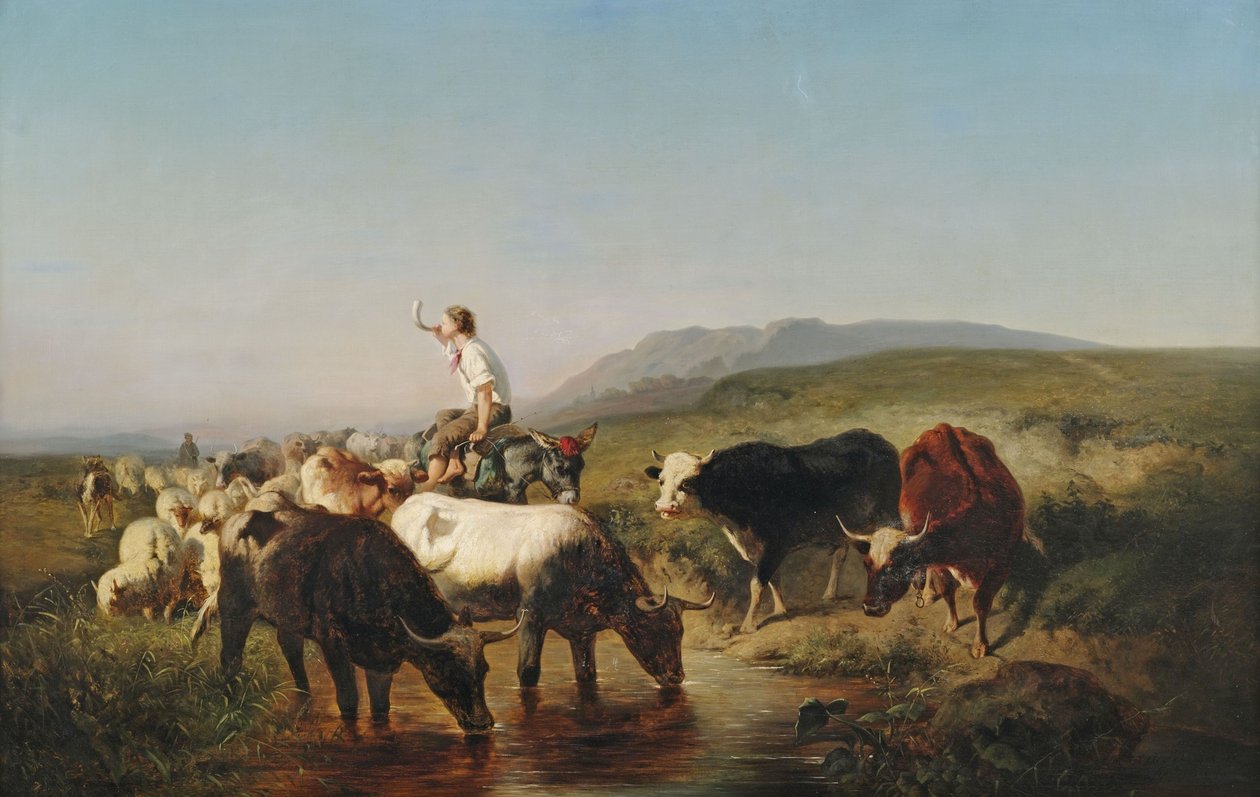 Cattle and Sheep Herd with Boy Riding a Donkey in a Vast Landscape by Adolf Schreyer
