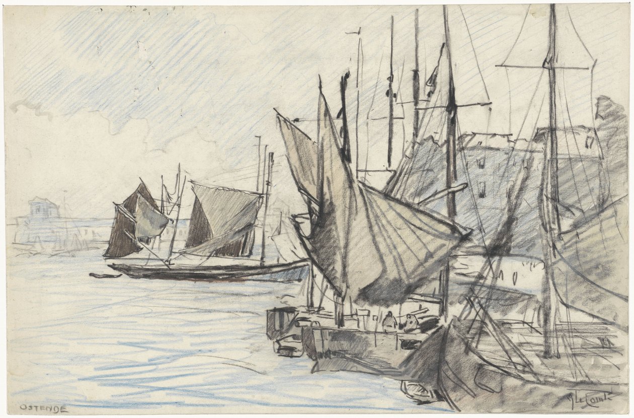 Sailing Ships in the Harbor of Ostend by Adolf le Comte