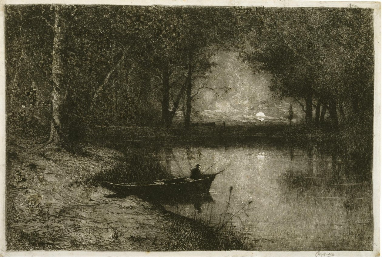 Fisherman in a Rowboat, at the Edge of a River by Adolphe Appian