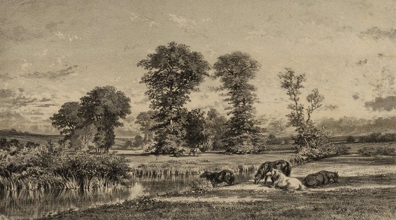 Horses Grazing by Adolphe Mouilleron