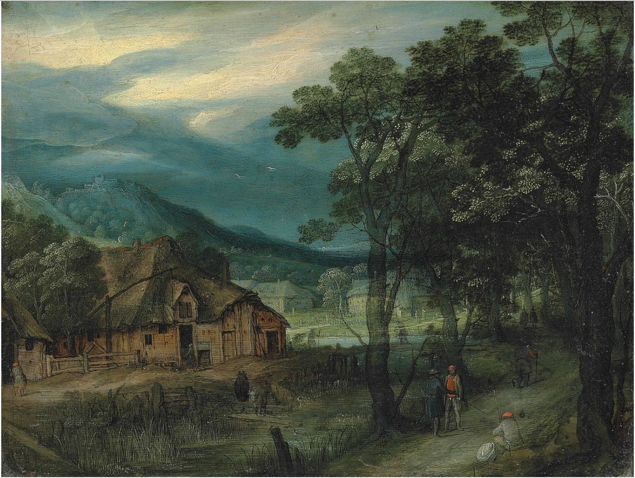 A wooded landscape with travellers on a track by a village by Adriaen van Stalbemt